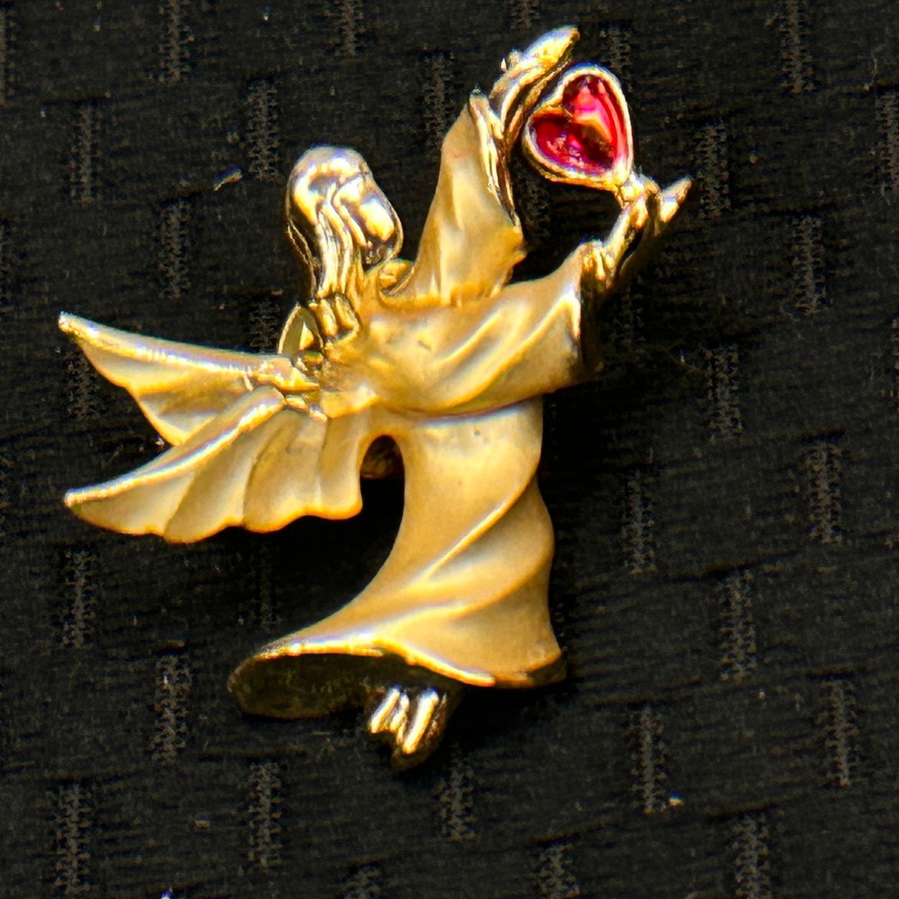 Giusti Vintage Gold Tone Angel Brooch‎ with Rotating Red Heart Rhinestone